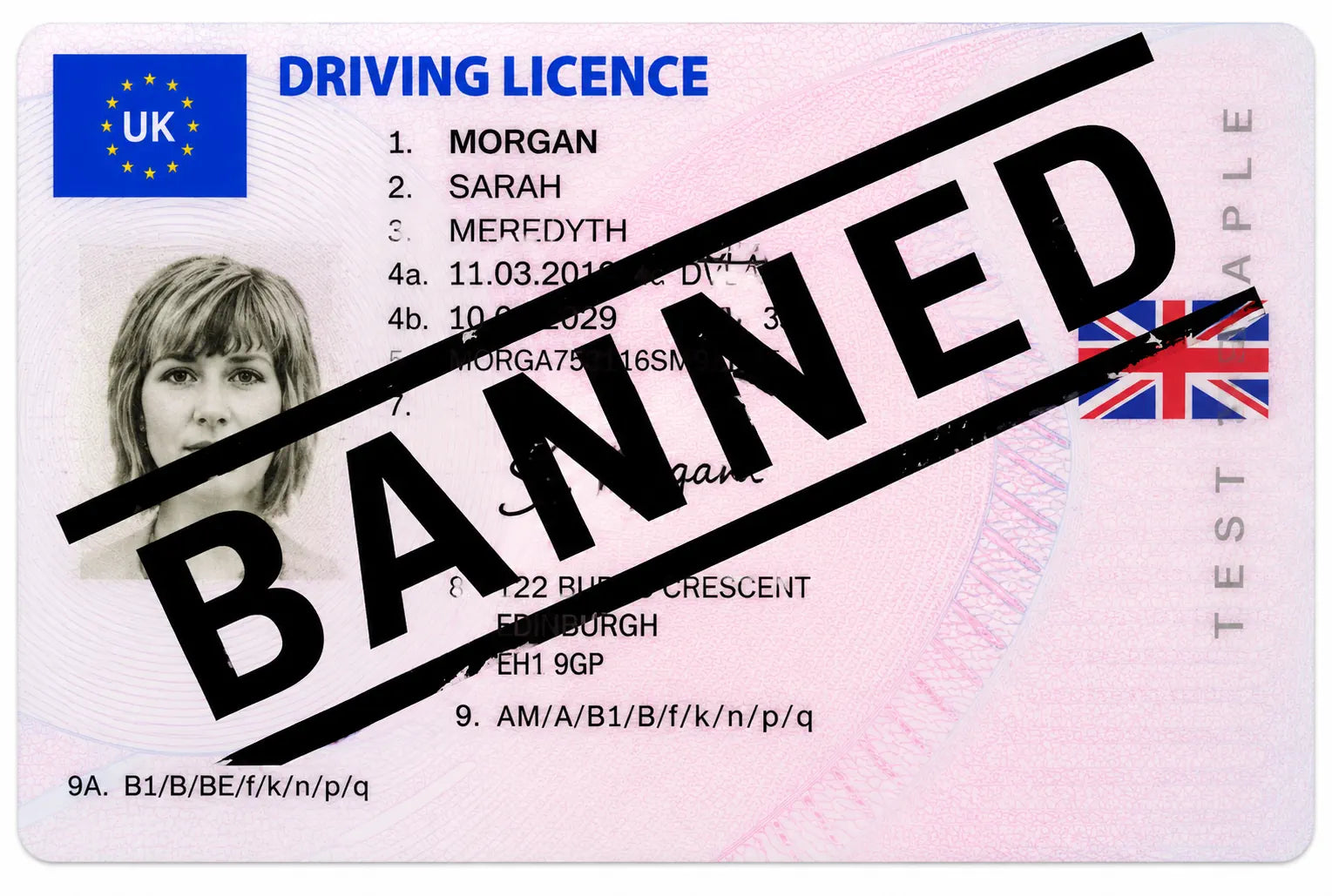 uk driving license with banned written across it