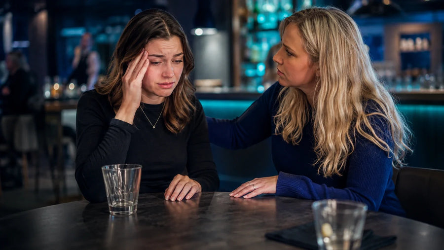 unwell girl with friend supporting her in a pub