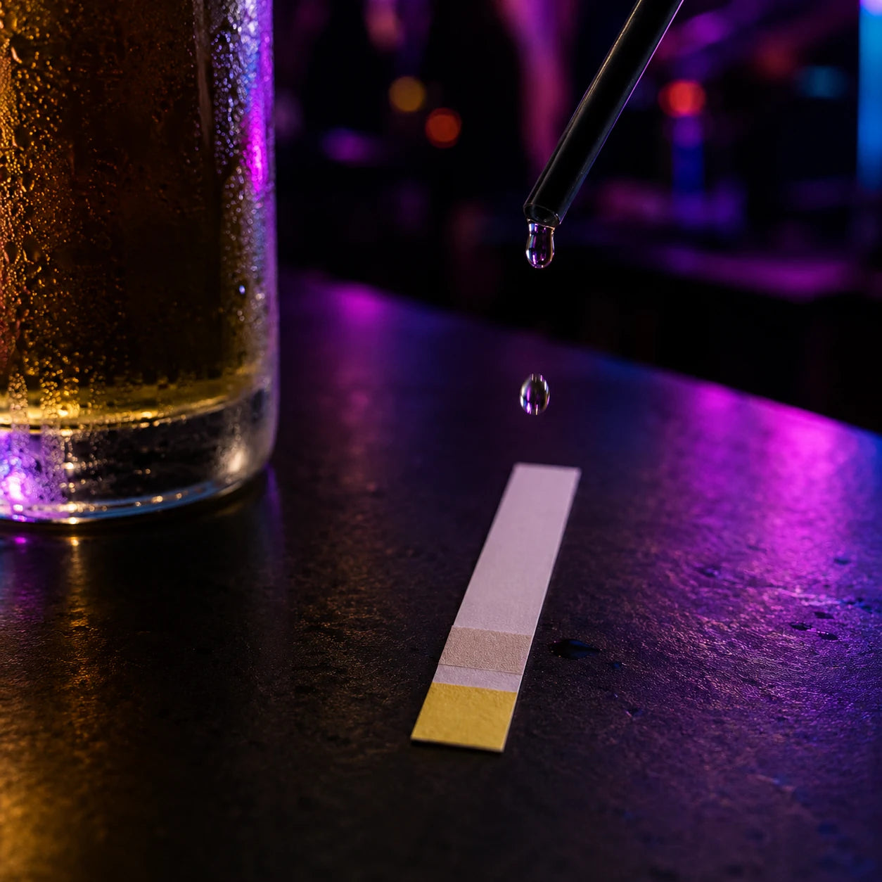 Alcohol being dropped onto a cyd test strip in a nightclub scen