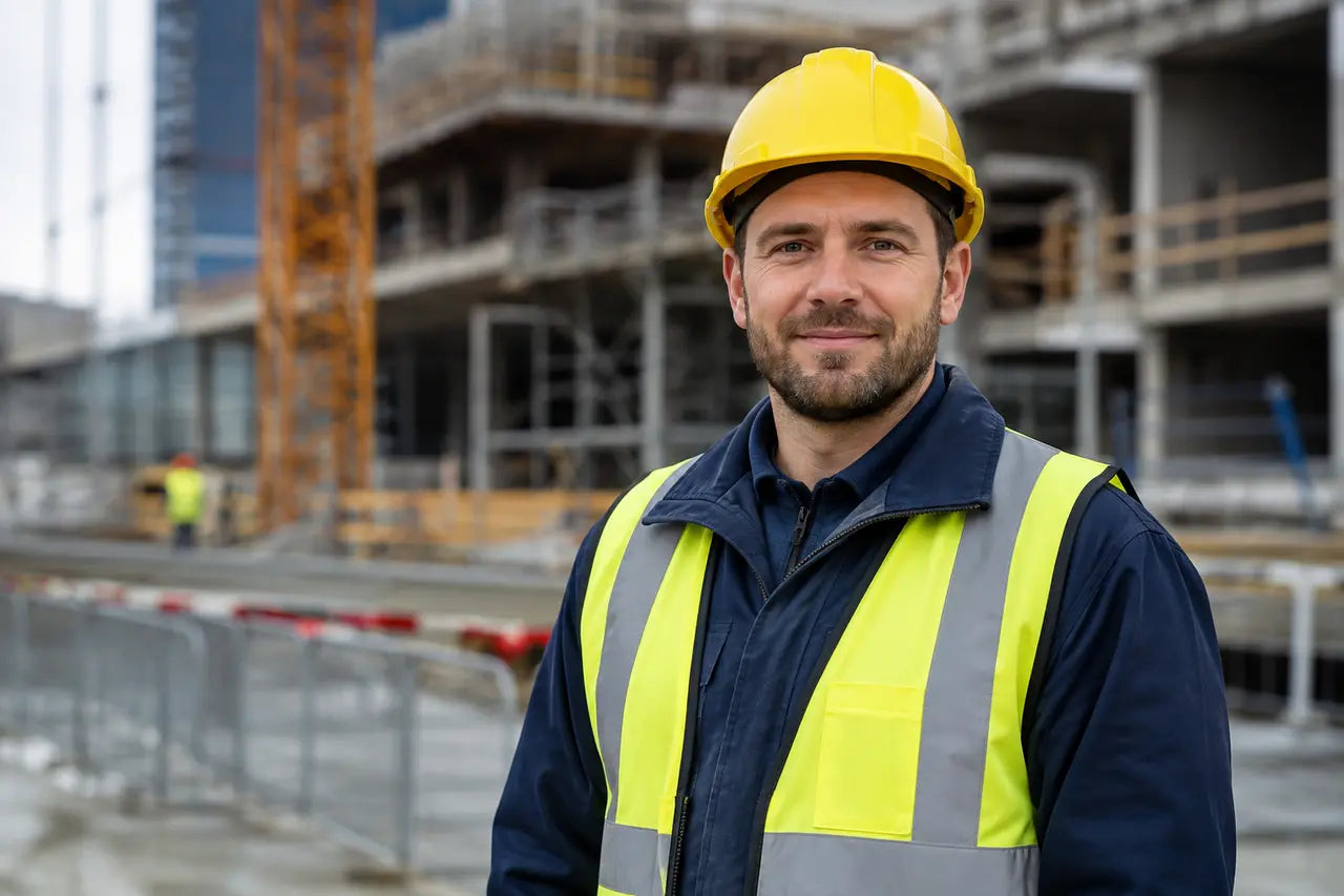 Construction worker wearing a yellow safety helmet