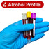 Gloved hand holding 3 blood test tubes
